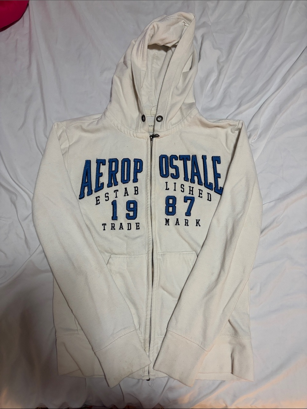 Aeropostale Cream Full-Zip Hoodie with Blue Logo